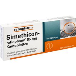 Verpackung von Simethicon-Kautabletten zur Linderung von Blähungen.