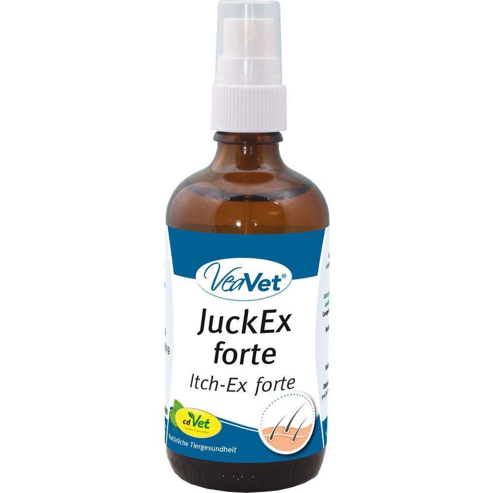 Braune Sprühflasche mit Etikett "JuckEx forte" gegen Juckreiz.